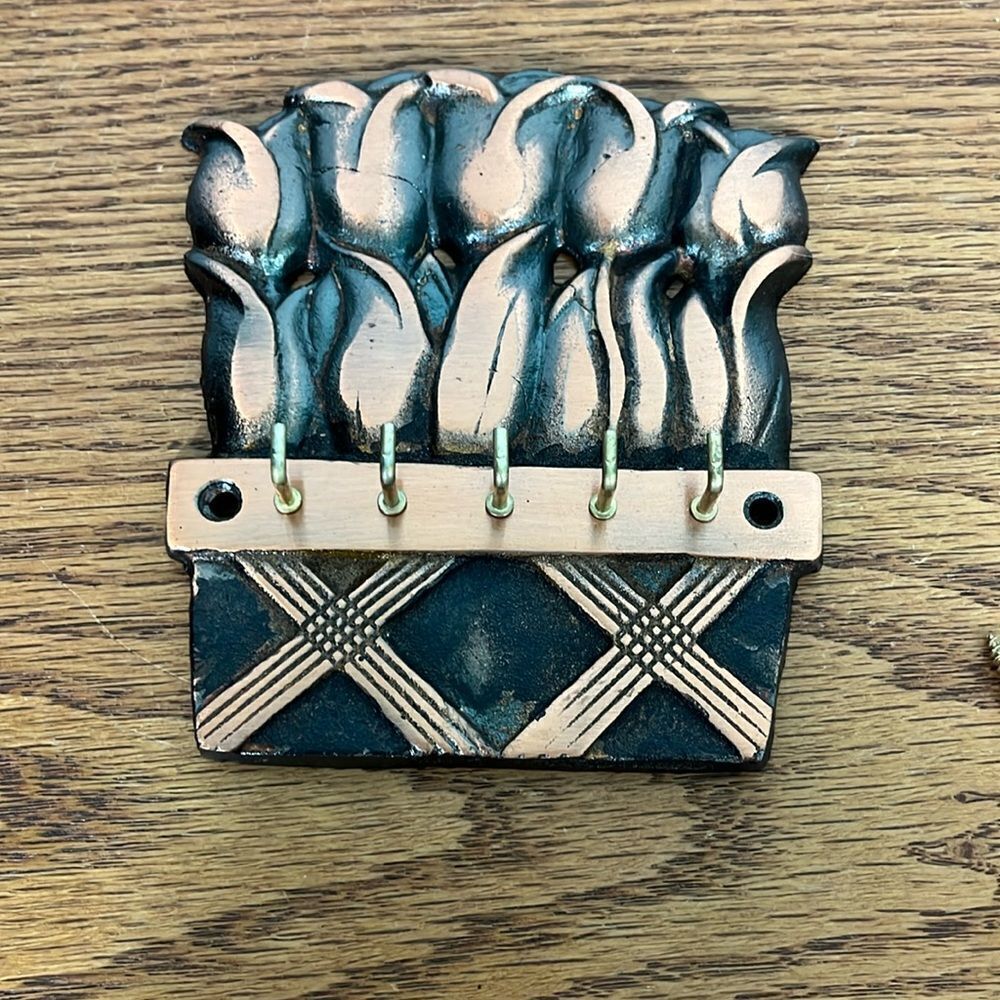 Copper Tulips in a Basket Floral Key Holder, 5 hooks w/screws